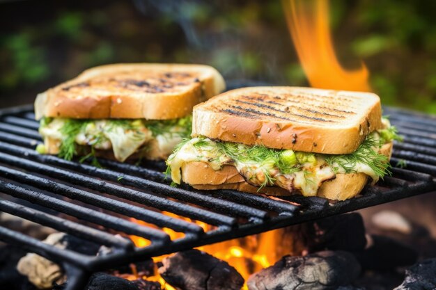 Sándwich a la parrilla bajo un ladrillo en una parrilla de carbón