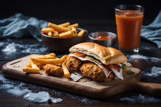 sándwich pastoso y nuggets de pollo sobre una tabla de cortar de madera marrón, papas fritas sobre una superficie de hielo oscuro