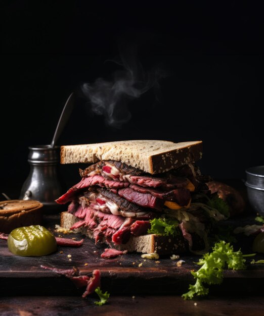 Foto sándwich de pastrami en la mesa de madera oscura