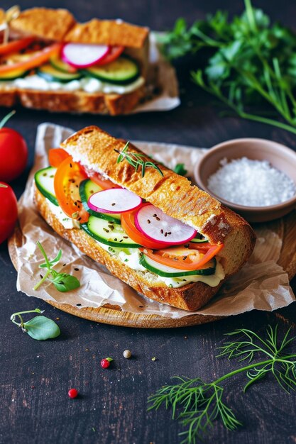 un sándwich con pepino pepino y pepino en él