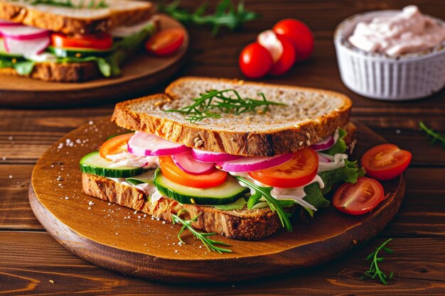 Foto un sándwich con pepino y tomates en un plato