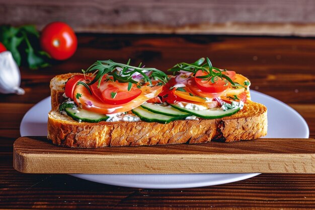 Foto un sándwich con pepino y tomates en una tabla de cortar