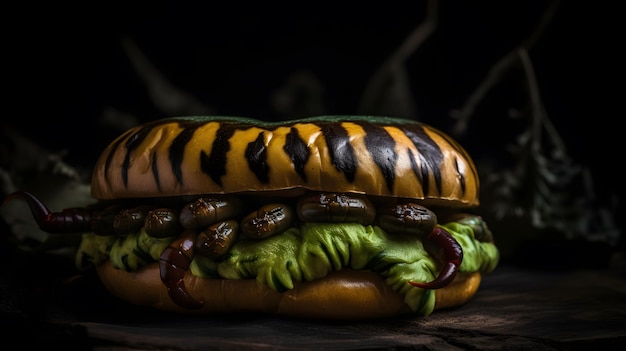 Un sándwich con una piel de tigre encima.