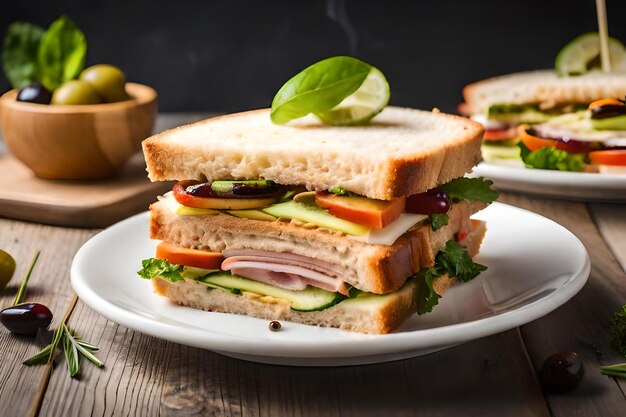 Un sándwich en un plato con una hoja verde