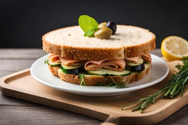 Un sándwich en un plato con una rodaja de limón