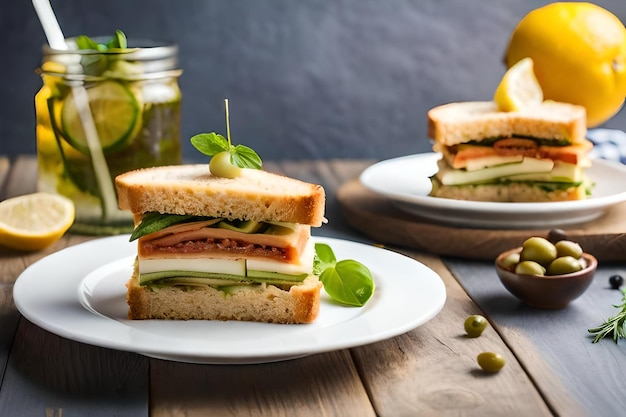 Un sándwich en un plato con un tarro de pepinillos sobre la mesa.