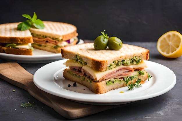 Un sándwich en un plato con tomates y lechuga