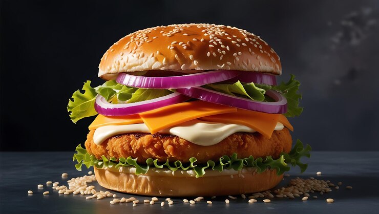 un sándwich de pollo con cebollas y cebollas en él