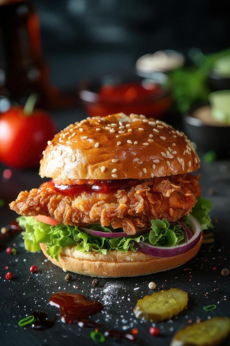 Un sándwich de pollo frito crujiente con lechuga fresca y tomate en un pan de semillas de sésamo capturado en una iluminación cálida