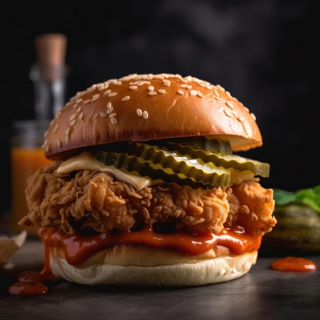 Foto sándwich de pollo frito crujiente con salsa picante y pepinillos en un bollo de brioche