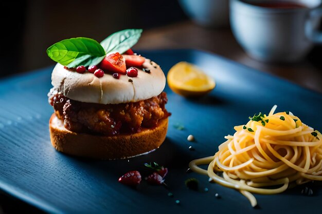 Foto un sándwich de pollo con un pan con una cuña de limón en la parte superior