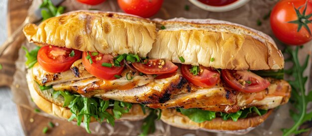 Sándwich de pollo con tomates y lechuga en la tabla de cortar