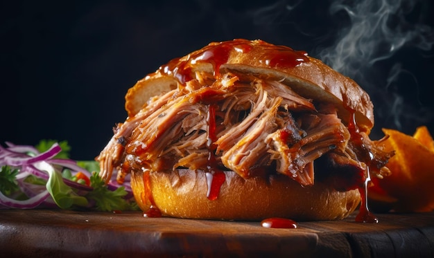 Sándwich de puerco desmenuzado en panecillo con ketchup al lado IA generativa