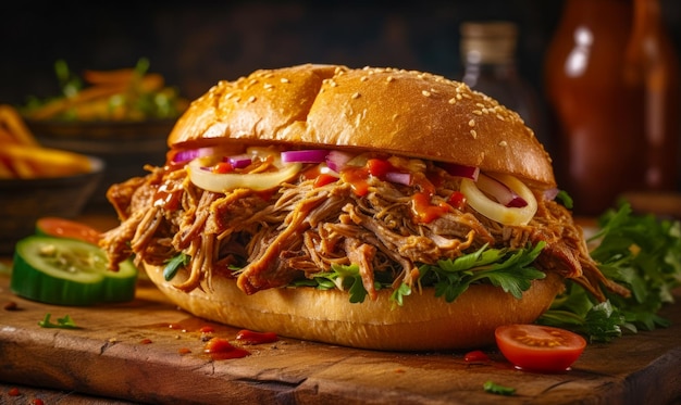 Sándwich de puerco desmenuzado sobre tabla de cortar de madera con tomate y lechuga IA generativa