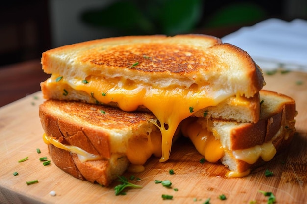 un sándwich de queso asado sobre una tabla para cortar