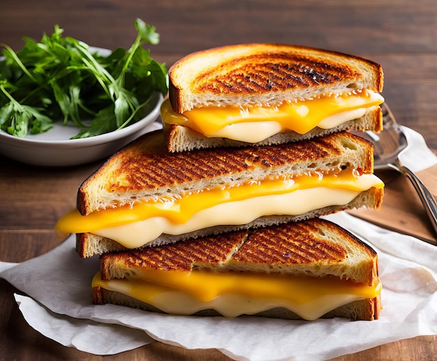 Foto sándwich de queso grillen con jamón y queso y verduras