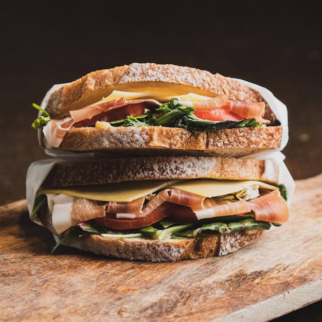 Un sándwich con queso y jamón en una mesa.