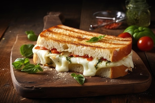 Sándwich de queso mozzarella en mesa de madera