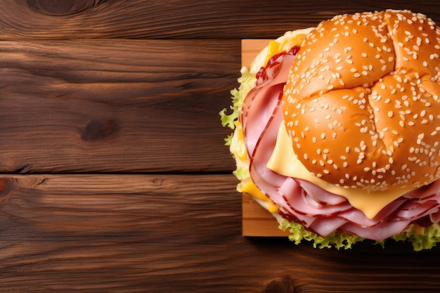 Sándwich de queso a la parrilla americano sobre fondo de madera con espacio de copia en la vista superior