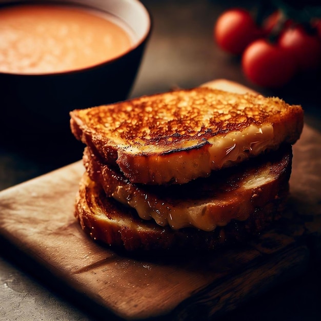 Un sándwich de queso a la parrilla está sobre una tabla de madera junto a un plato de sopa.