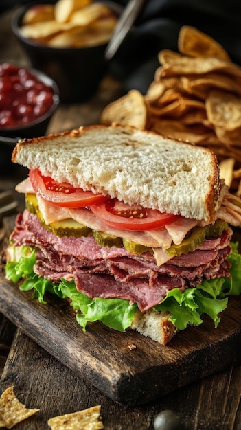 sándwich con queso de res y pepinos en una mesa de madera