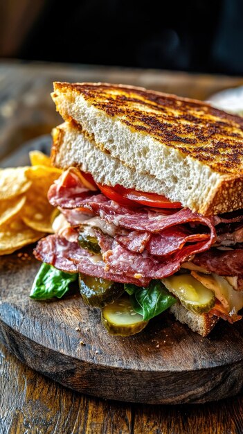 sándwich con queso de res y pepinos en una mesa de madera