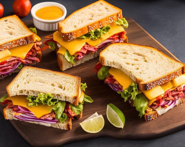 sándwich con queso de ternera y verduras sobre fondo de madera