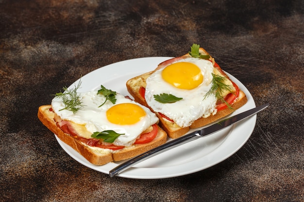 Sandwich con queso, tocino, tomate y huevo frito en un plato