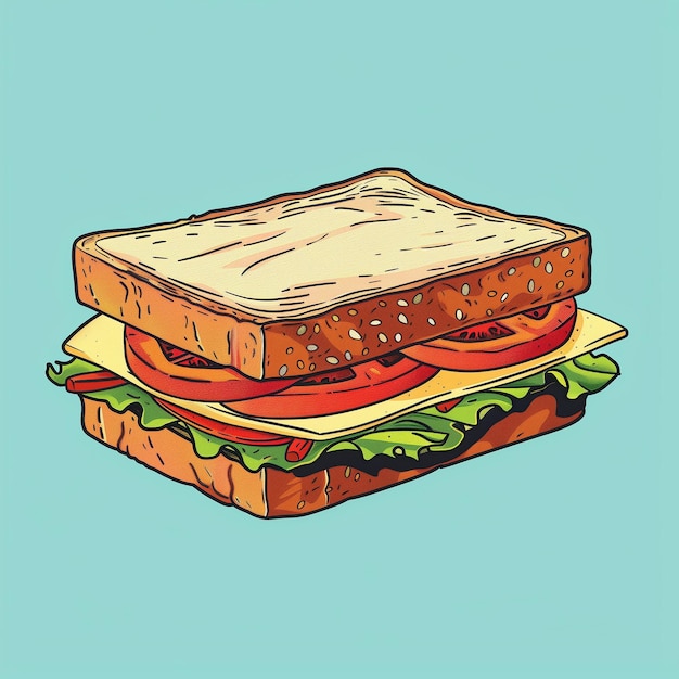 Sándwich con queso de tomate y ensalada Ilustración artística de boceto dibujado a mano