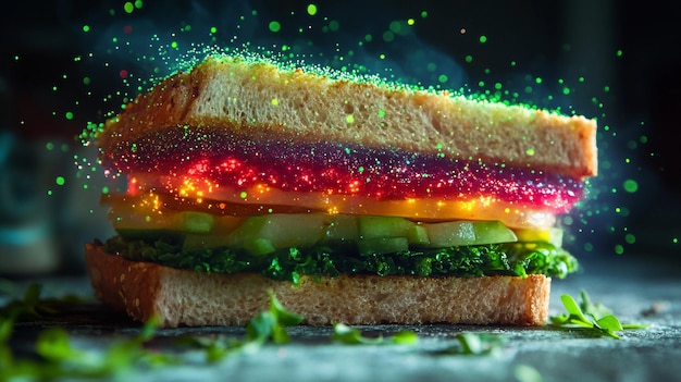 Un sándwich con un relleno verde y rojo está iluminado con colores de neón