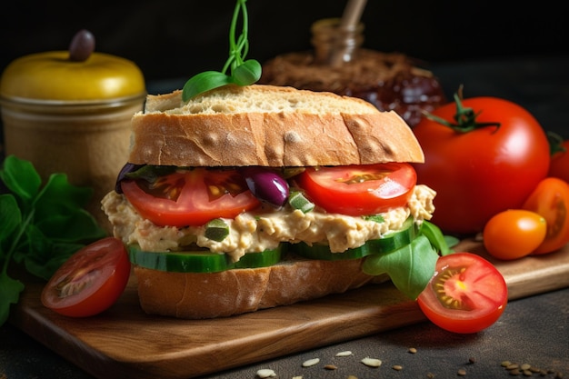 Un sándwich con una rodaja de tomate encima