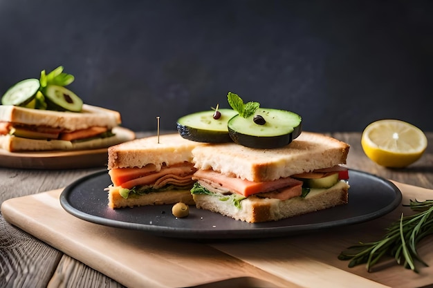 Un sándwich con rodajas de pepino en un plato