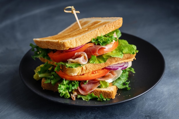 Sándwich sabroso apetitoso con jamón y verduras servido en plato