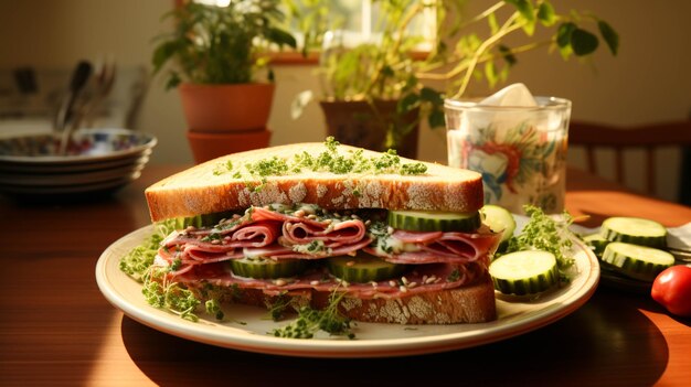 Sándwich con salami y pepino en plato sobre rojo claro