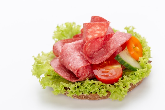 Sándwich con salchicha de salami en blanco.