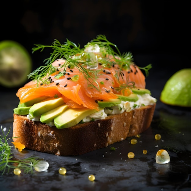 Sándwich de salmón con aguacate sobre un fondo oscuro