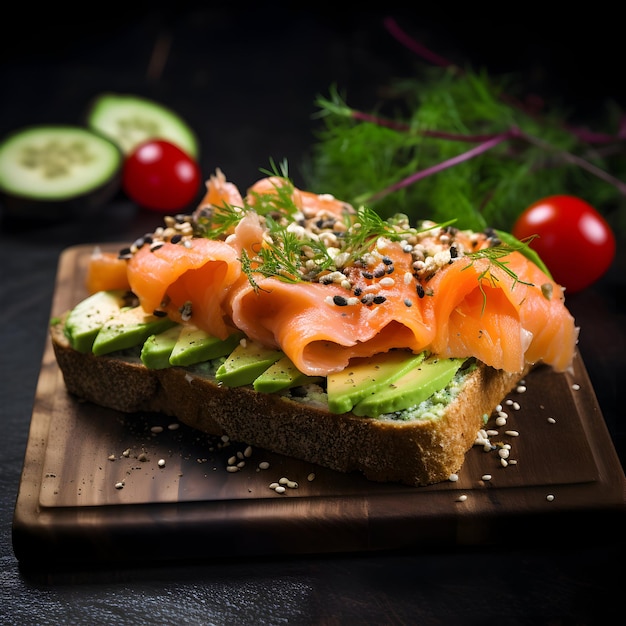 Sándwich de salmón con aguacate sobre un fondo oscuro