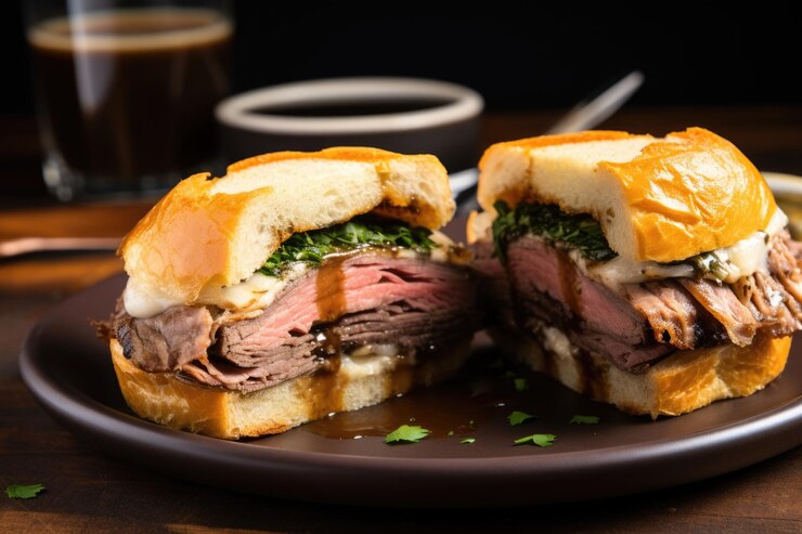 Un sándwich de salsa francesa en dos partes