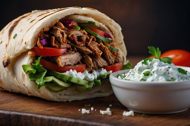 Foto sándwich de shawarma con un lado de tzatziki