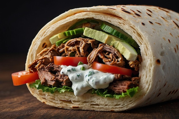 Foto sándwich de shawarma con un lado de tzatziki