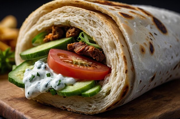 Foto sándwich de shawarma con un lado de tzatziki