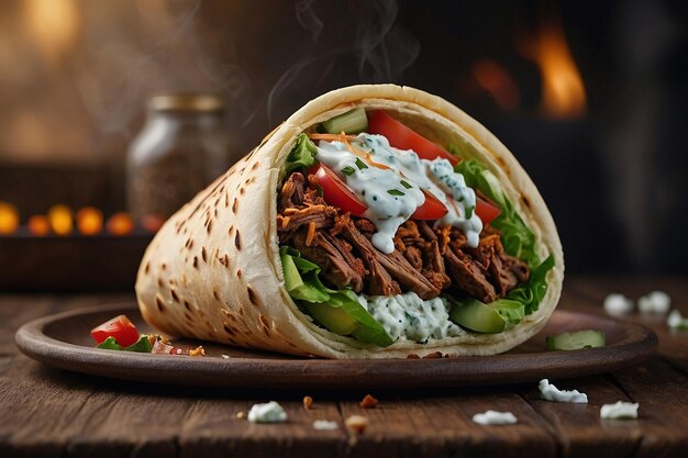 Foto sándwich de shawarma con un lado de tzatziki