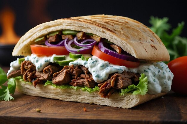 Foto sándwich de shawarma con un lado de tzatziki