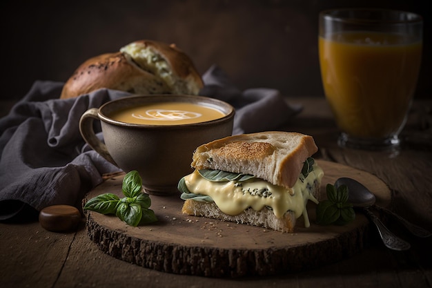 Sándwich de sopa de crema y queso Almuerzo sabroso IA generativa