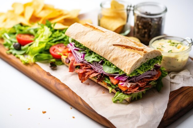 Sándwich submarino sin envoltorio con chips multicereales y ensalada de hojas verdes