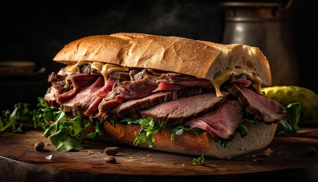 Sándwich de ternera a la parrilla con ensalada casera de pan ciabatta generado por IA