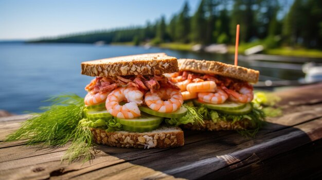 Foto sándwich típico sueco de camarón con verduras al aire libre ia generativa