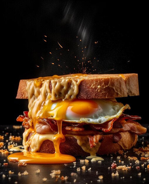 Sándwich de tocino colgando en el aire con huevos y pan