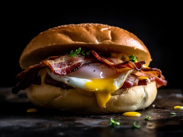 Un sándwich de tocino y huevo con un huevo frito en un panecillo