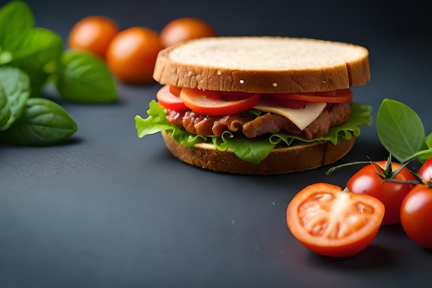 Un sándwich con tocino y tomate sobre un fondo negro